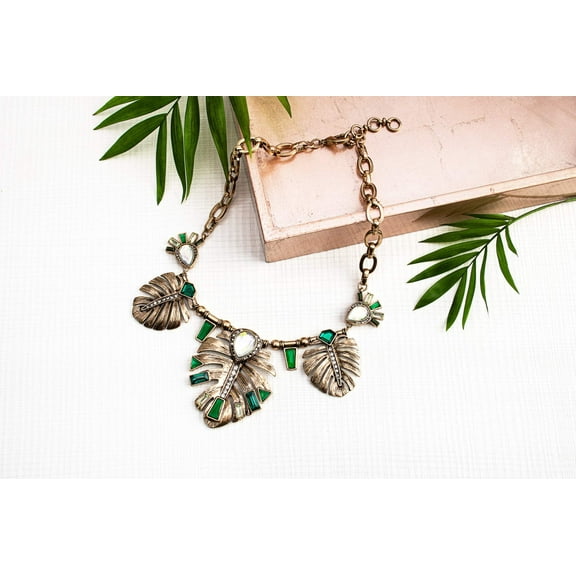 Goldtone Green Statement Leaf Necklace