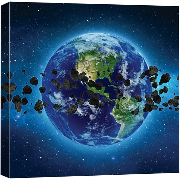 wall26 Canvas Print Wall Art Asteroids Float Around Planet Earth & Stars Astronomy & Space Sky Digital Art Modern Art Global Scenic Colorful Multicolor for Living Room, Bedroom, Office - 16&q