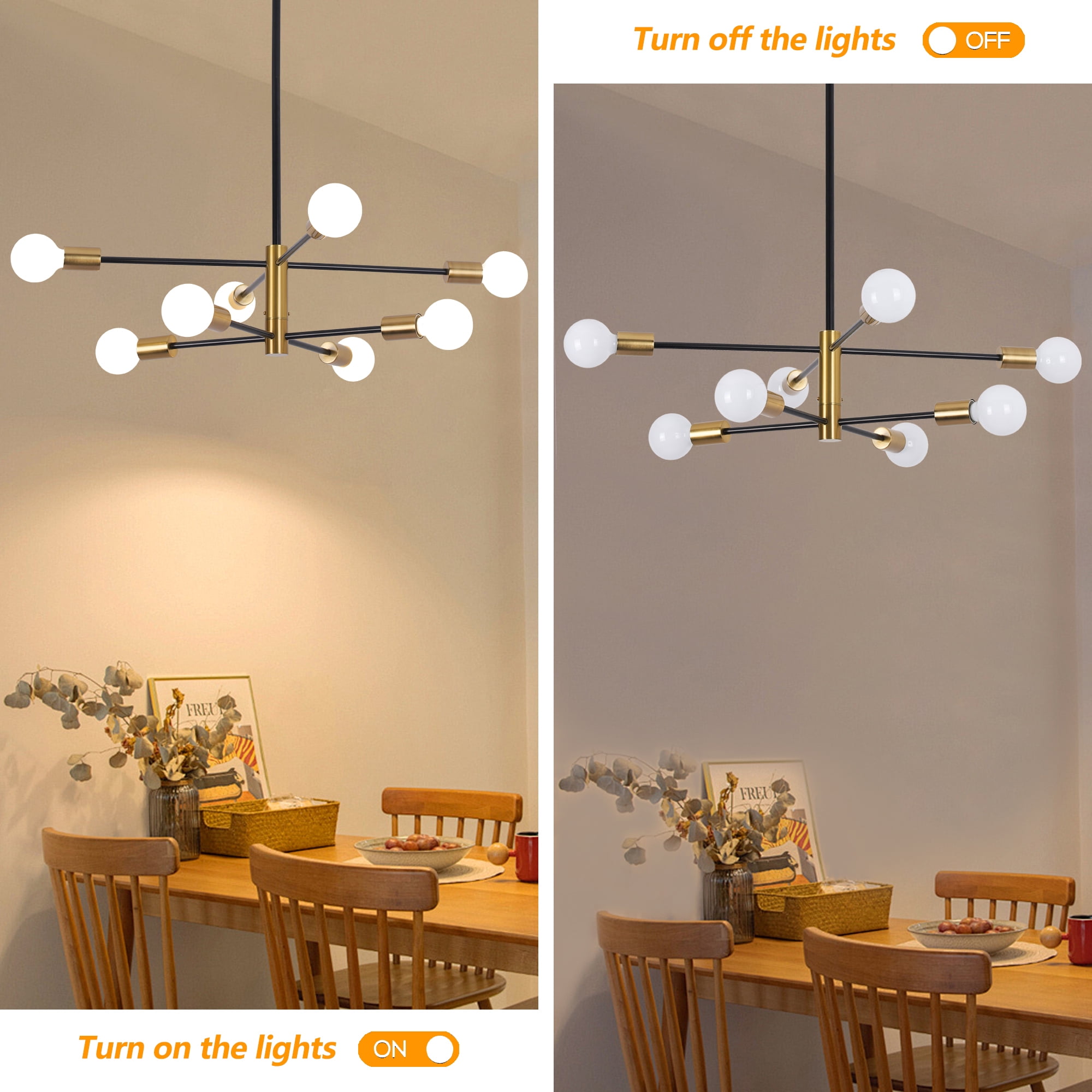 LISUNAR Chandelier,Sputnik ceiling light fixture,8 light modern chandelier,Black and Gold Mid Century Plating,Chandeliers for dining room,Height Adjustable for Living Room and Bedroom