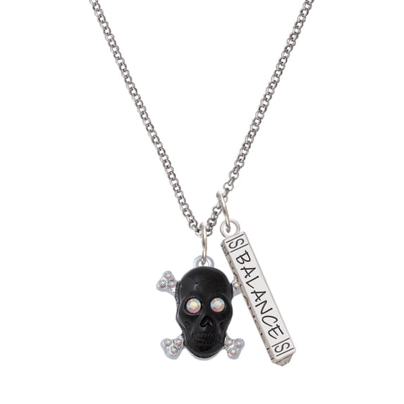 Delight Jewelry Silvertone Large Black Resin Skull with AB Crystals Silvertone Balance Bar Charm Necklace, 23"