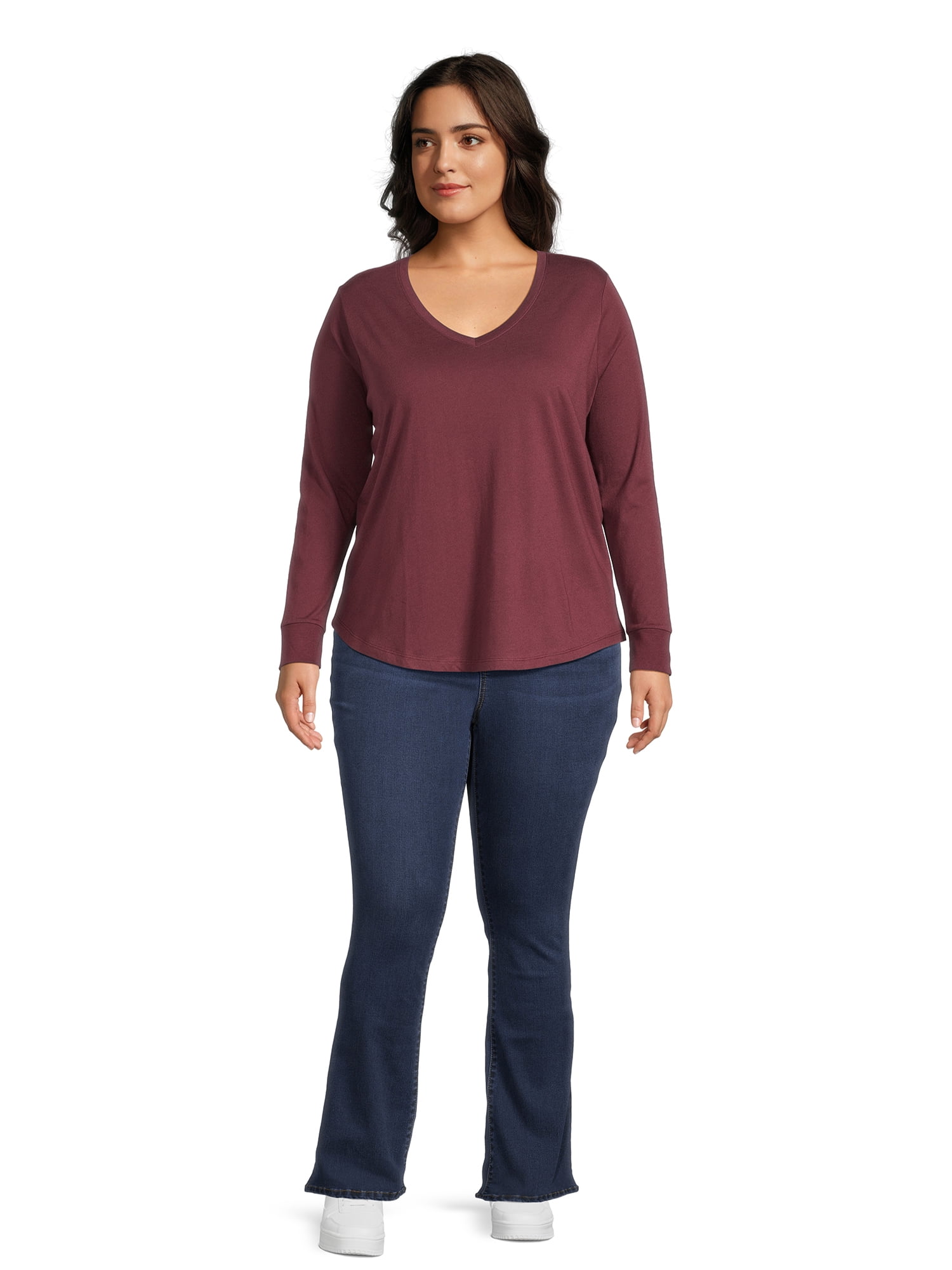 Terra & Sky Women's Plus Size Long Sleeve V-Neck T-Shirt, 2-Pack