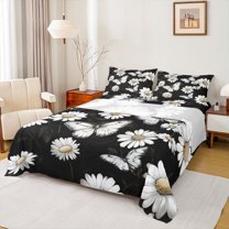 Homewish Groovy Daisy Flower Twin Sheet Sets, Rustic Butterfly Twin Fitted Sheet, Black White Flat Sheet, Ultra Soft Bedroom Decor, 3 Pieces