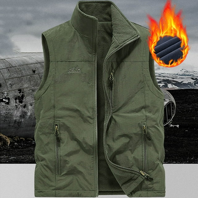 Ceisia Gilet Décontracté pour Homme, Couleur Unie, Extérieur, Multi-Poches, Col Montant, Réversible, Doublé de Velours, Vert Armée, M, Cadeaux