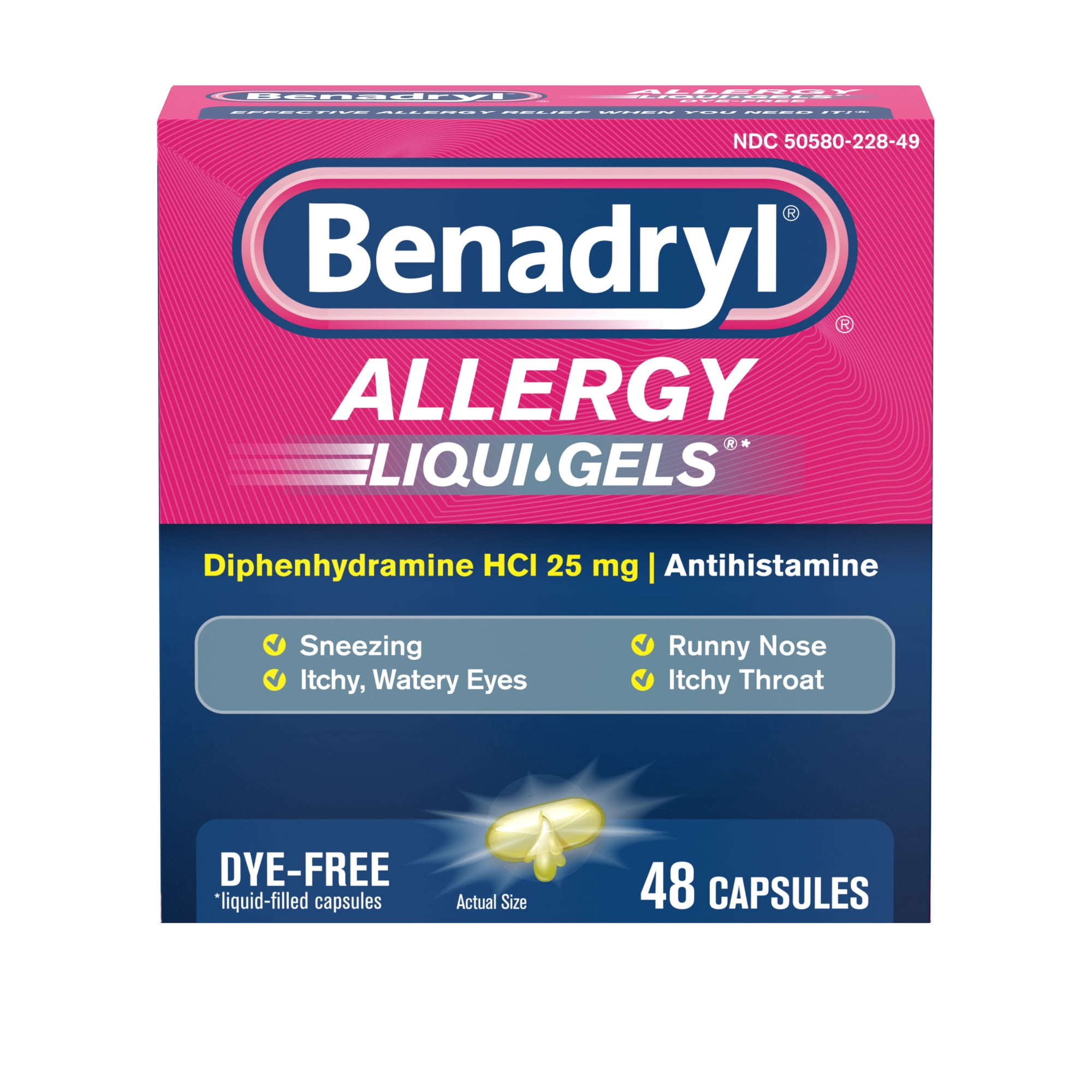 Benadryl Liqui-Gels Antihistamine Allergy Medicine, Dye Free, 48 Count