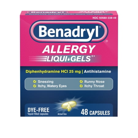 Benadryl Liqui-Gels Antihistamine Allergy Medicine, Dye Free, 48 Count