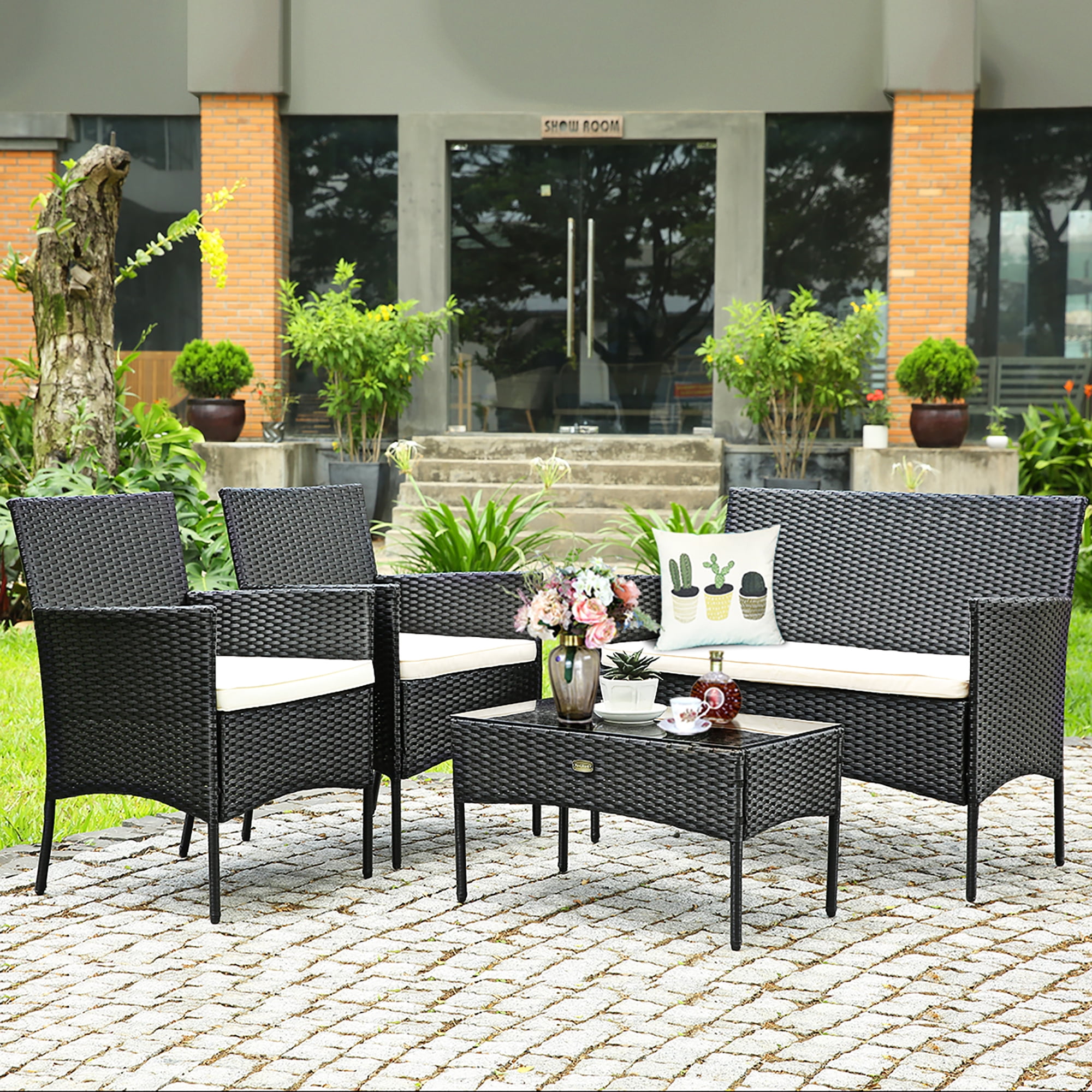 Brown/L Leisure Zone Merax 4 PCS Patio Furniture Outdoor Garden Conversation Wicker Sofa Set with Beige Cushion 
