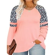TIYOMI Plus Size Womens 5X Tops Leopard Long Sleeve Crewneck Color Block Oversized Tees Raglan Pink Loose Fit Shirts Early Spring Fall Winter Tunic 5XL 26W 28W