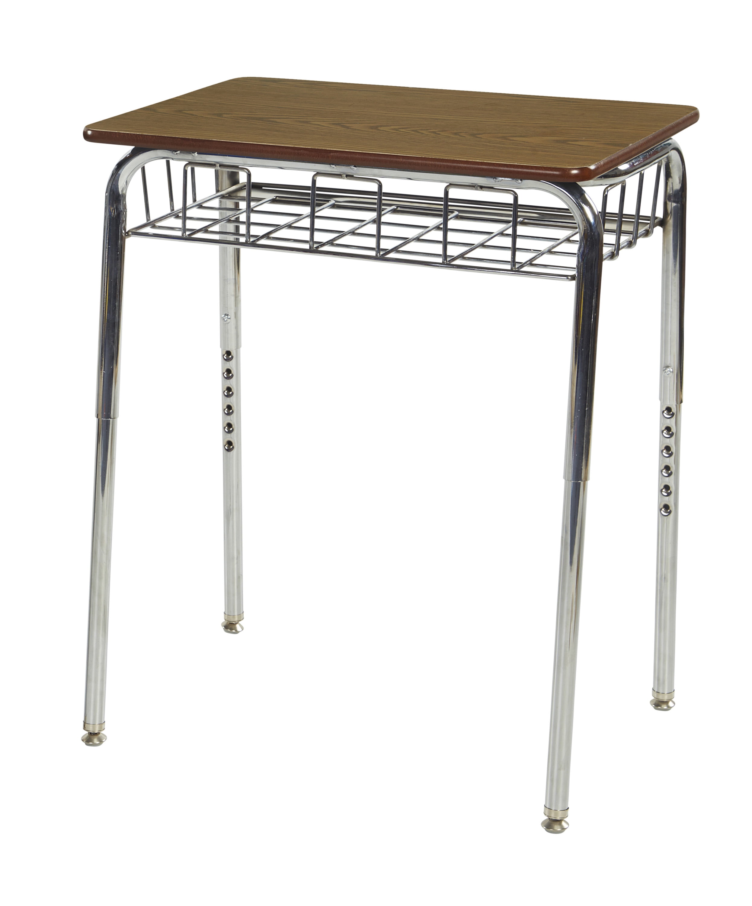 6 Oak Desks with Chrome Basket and 6 12in Navy Stack Chairs