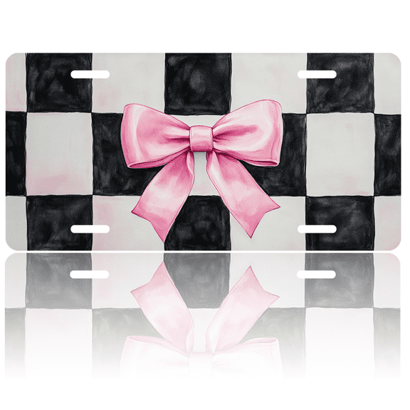 1 Pcs License Plate Covers & Frames, Pink Bow on a Checkered Background For Decorative Front, Aluminum License Plate Covers & Frames Cover For Men Women, 12" X 6"