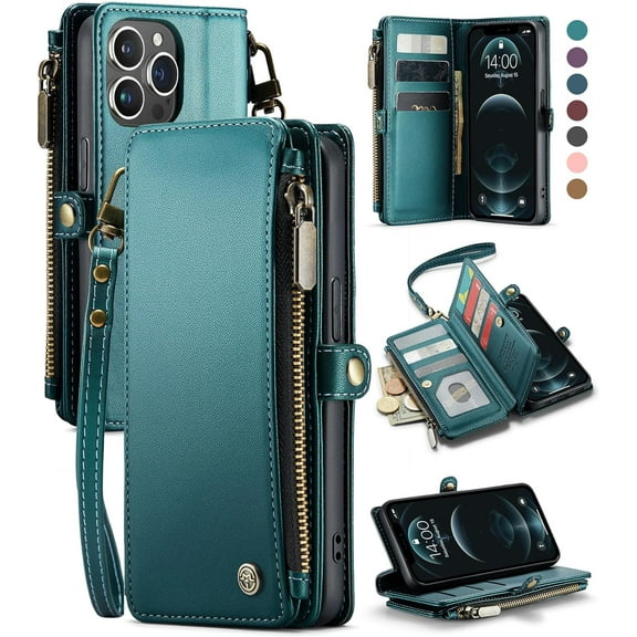 for iPhone 12 Pro Max Case, for RFID Blocking iPhone 12 Pro Max Case Wallet for Women Men with Card Holder, Zipper Magnetic Flip Leather Cover for iPhone 12 Pro Max Phone Case, Blue Green