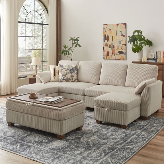 Jarenie Chireca Convertible Sectional Sofa with Storage Ottoman and Side Pockets, 4-Seater, Beige