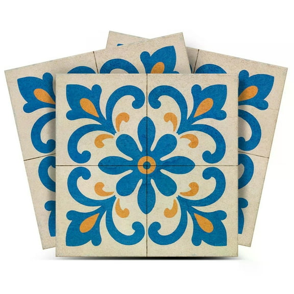 Mi Alma Blue Gold Floral Tile Stickers - Removable Vinyl 4x4, 24 pcs