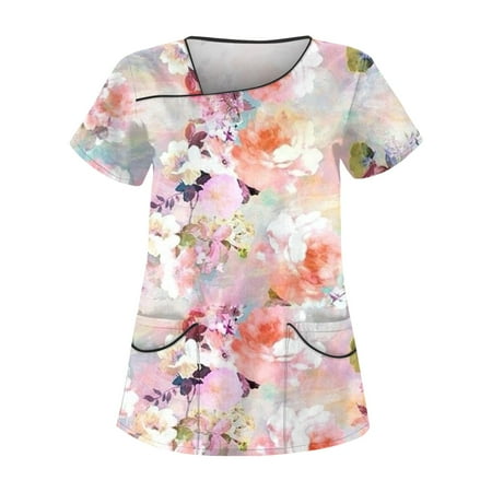 

BIZIZA Womens Scrub Tops Trendy Floral Graphic Short Sleeve Scrubs Plus Size with Two Pocket V Neck Womens Summer Tops Dark Purple 4XL