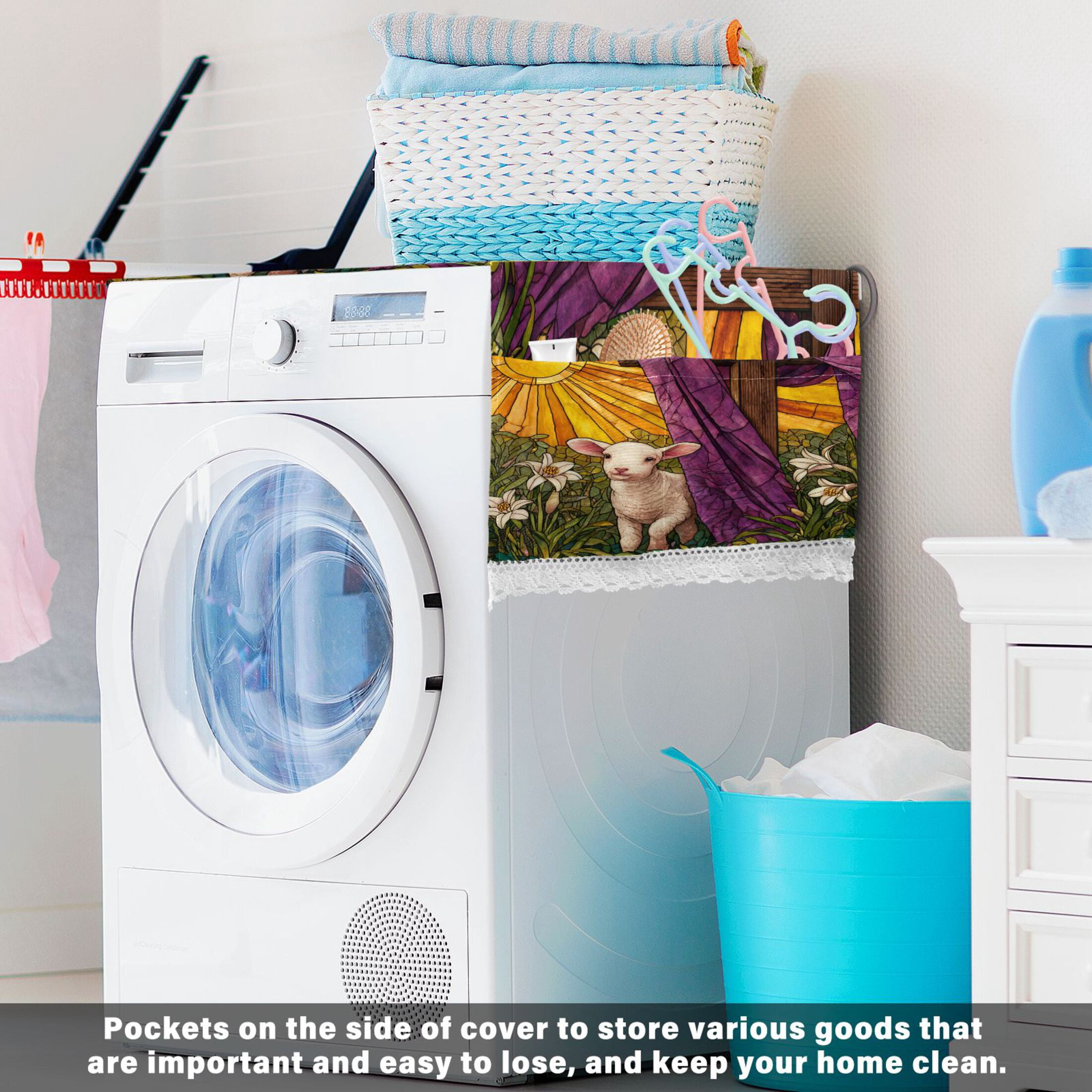 Wobogo Holy Lamb Stained Glass Washing Machine Cover Dustproof Washer Dryer Cover Waterproof Laundry Room Decorative Protector
