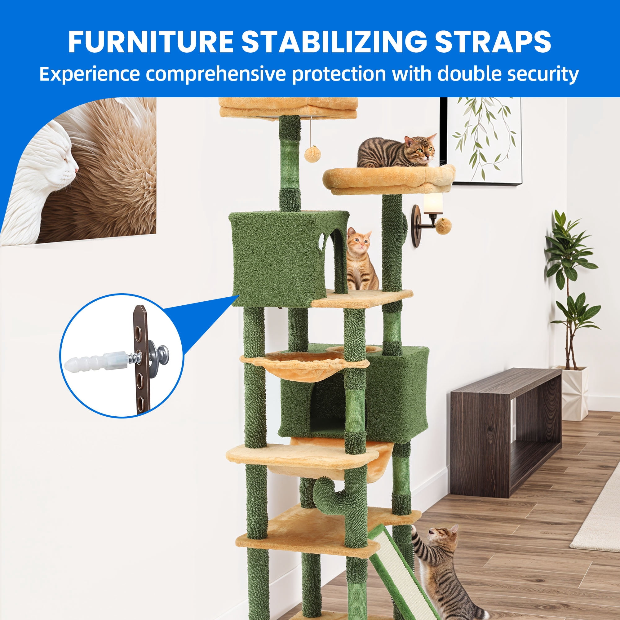 Dextrus 76" Tall Cactus Cat Tree Tower, Large Cat Condo with Self-Grooming Brush, Plush Platform, Hammock, Sisal Scratching Posts, and Toy Balls,Green