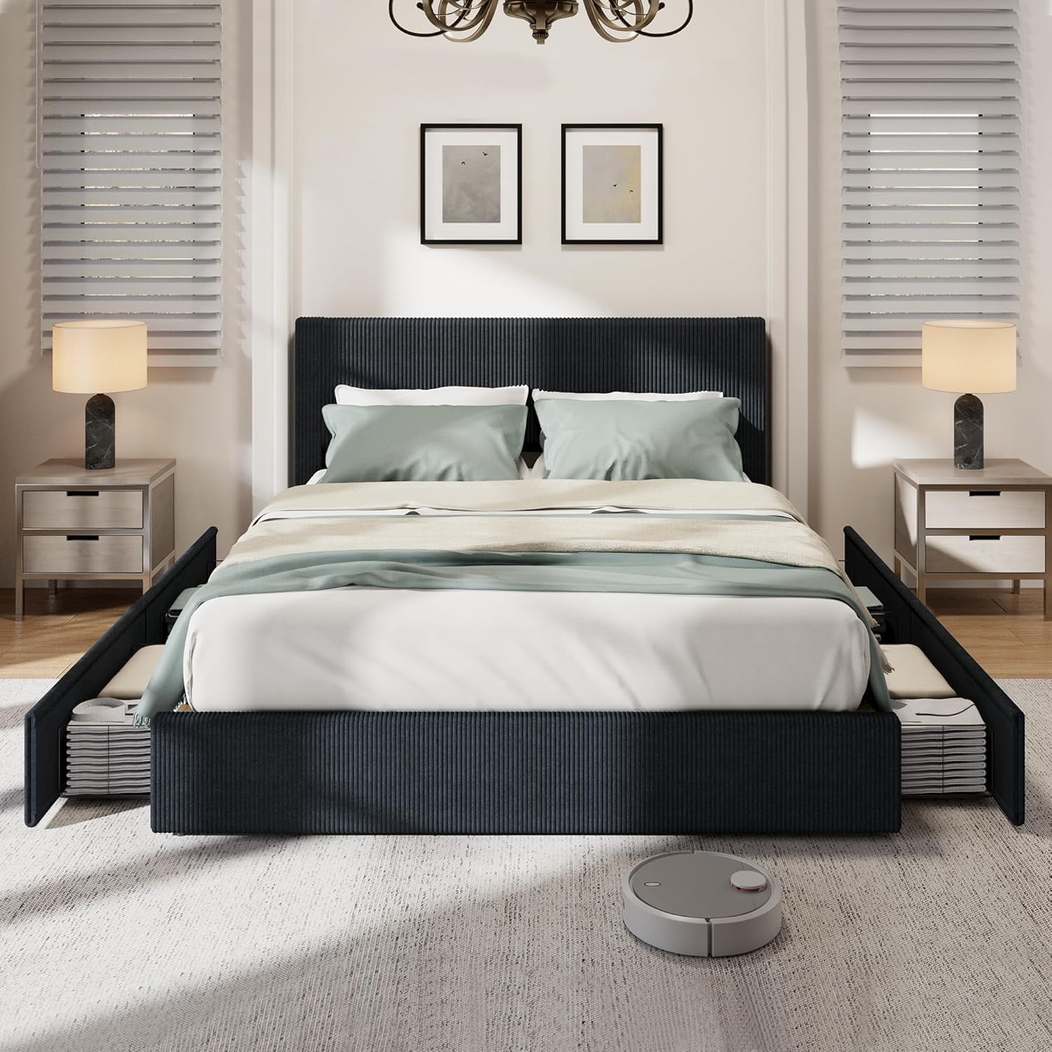 King Size Platform Bed Frame with 4 Storage Drawers, Upholstered Corduroy Channel Tufted Headboard Bed Frame with Strong Wooden Slat Support, No Box Spring Needed, Black