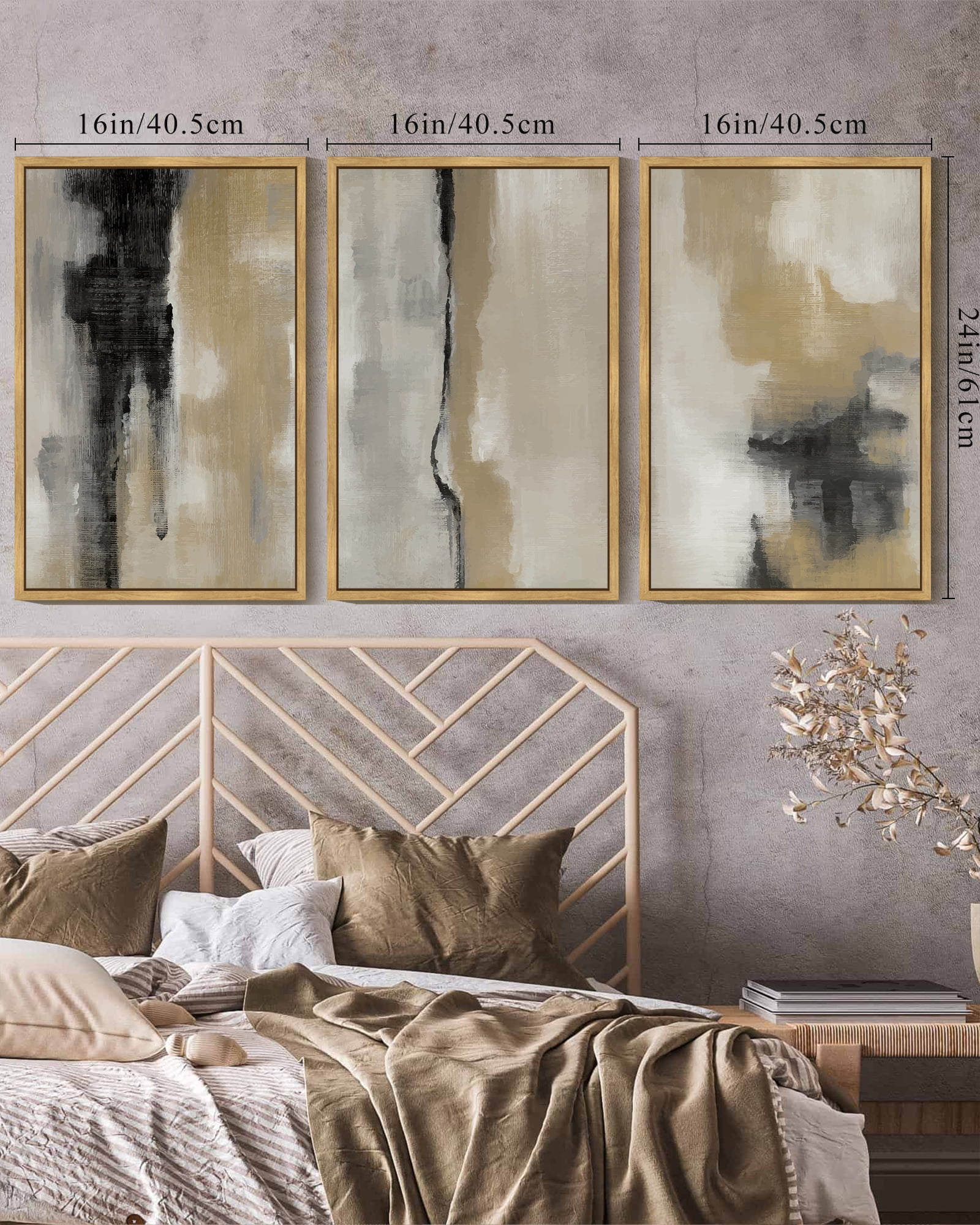SHENIFY Abstract Wall Art 16x24in3pcs Natural Framed Tie-Dyed Shapes Abstract Illustrations Modern Minimalist Painting Decorative Artwork for Living Room Bedroom