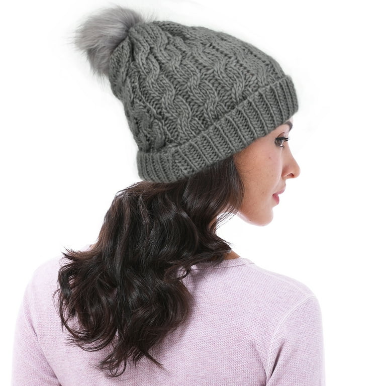 Knit Beanie Hat for Women, Faux Fuzzy Pom Pom Winter Ski Skullies Cap 