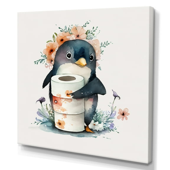 Designart Penguin With Roll Of Toilet Paper And Flowers Canvas Wall Art