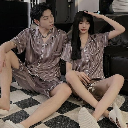 

DanceeMangoo Young Lover Pajamas Set Satin Women Short-sleeved Spring Summer Pyjama Loose Men Couple Pijama Set Silk Sleepwear Top+ Men Pant