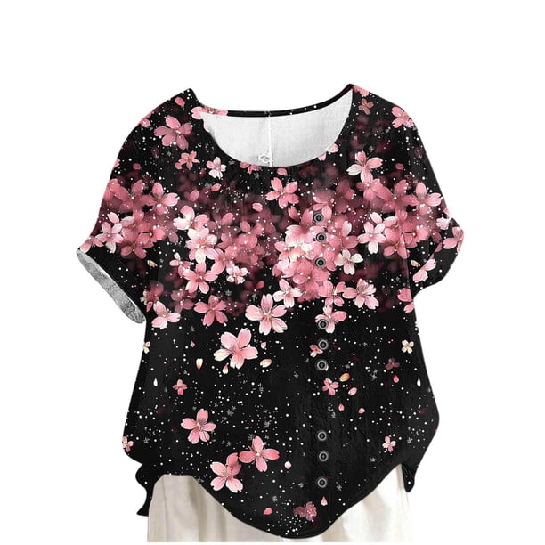 Camisas de Manga Corta para las Mujeres Casual Cuello Redondo Cómodo Regular de Lino Blusa Botón Superior Verano Manga Corta Tops para las Mujeres