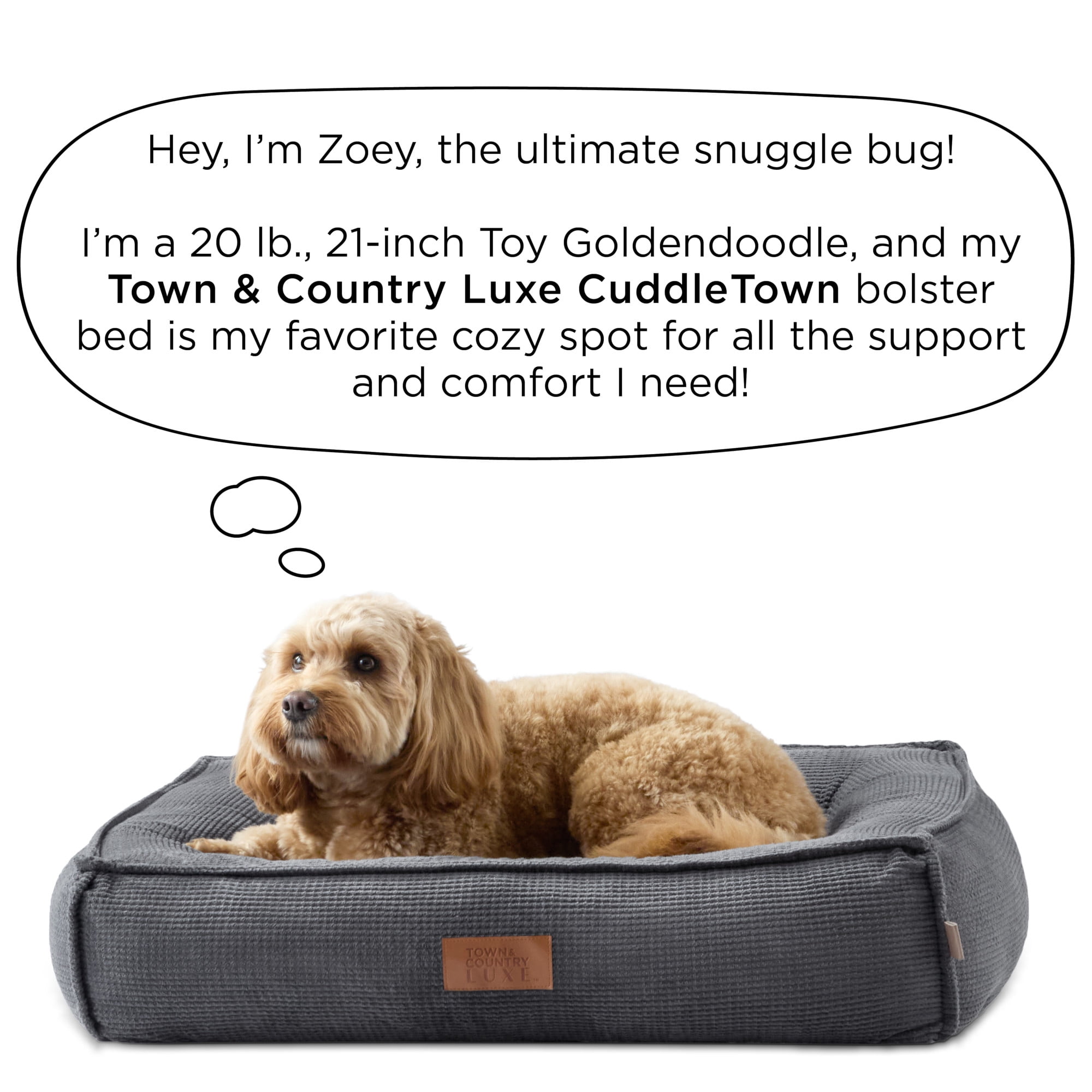 TOWN & COUNTRY LUXE CuddleTown Cozy Bolster Pet Bed, Ribbed Corduroy Texture, Machine Washable Cover, Soft, Cozy & Calming, Non-Slip Bottom, Dark Grey, Medium 27"x22"x7"