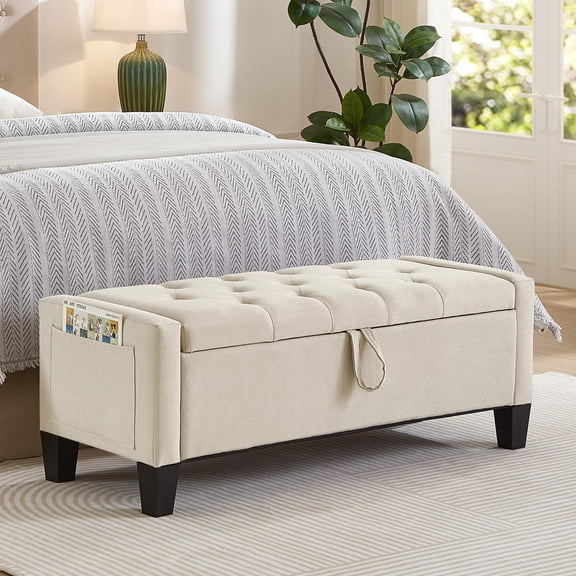 Storage Ottoman Bench, Upholstered Entryway Seat with Safety Hinge & 350 lbs Capacity, Beige.