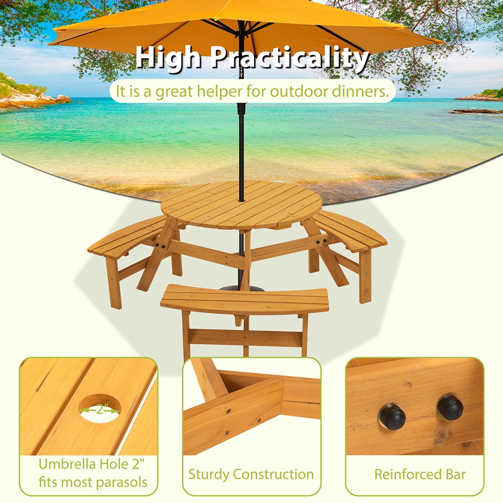 Kadyn 6-Person Outdoor Wooden Picnic Table, Circular Picnic Table Bench Set for Patio, Modern Picnic Table with 3 Built-in Benches, Natural