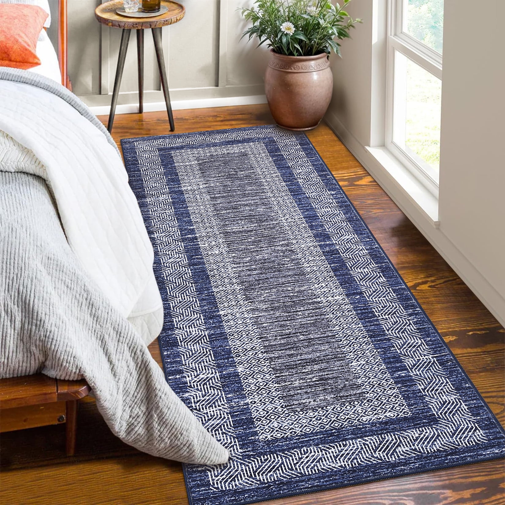 Hasoo Blue 2' x 6' Runner Rugs Washable Soft Modern Geometric Bordered Carpet Indoor Runners Rugs for Floor Hallway Bedside Entry Rug