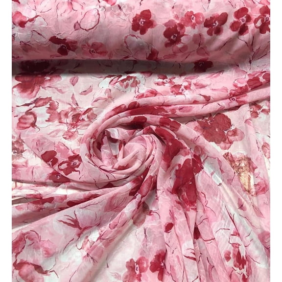 Beautiful pink rose Floral printed chiffon fabric 54” wide, sold by the yard.