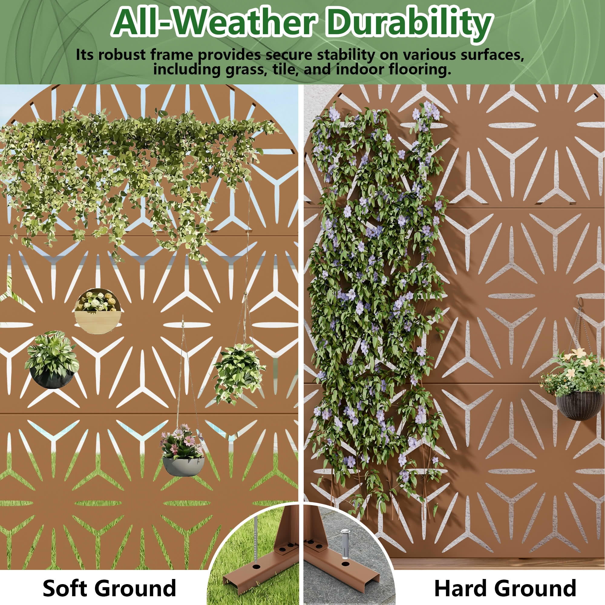 MAYEERTY Outdoor Metal Privacy Screen 6ft × 4ft Brown, 3-Panel Geometric Y-Pattern Decorative Screen for Garden