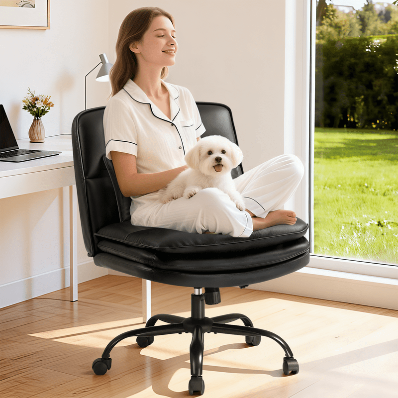 Homall Cross Legged Wide Seat Office Chair with Wheels, Office Armless Desk Chair, Modern Swivel Computer Task Chair Height Adjustable Vanity Chair,PU Leather,Black