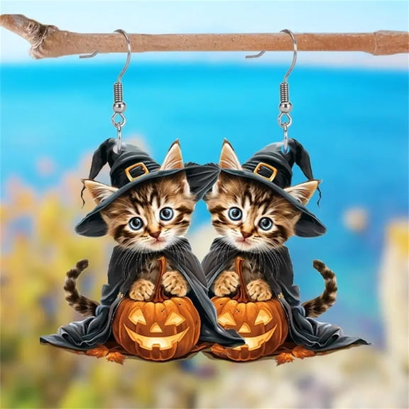Homesteed Black Magic Kitten Earrings Halloween Acrylic Dangle Jewelry for Women Holiday Party Costume Accessories