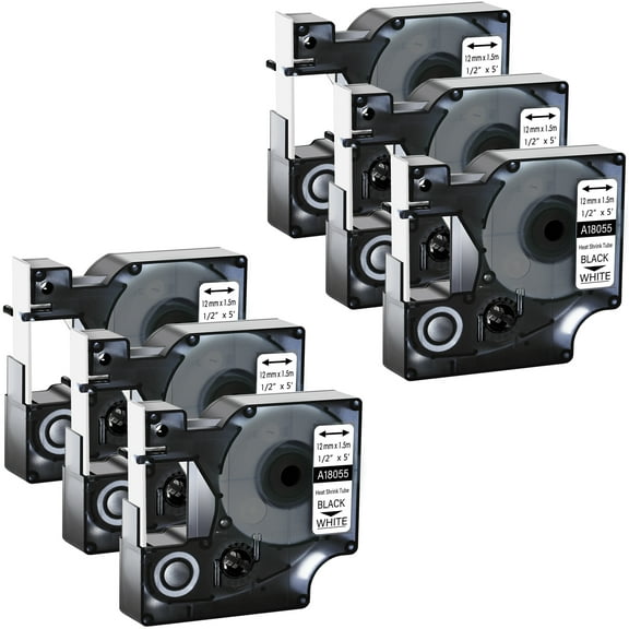 GREENCYCLE 6PK Industrial Rhino Heat Shrink Tubes Compatible for DYMO 18055 12mm 1/2" Black on White Cable Label Tape