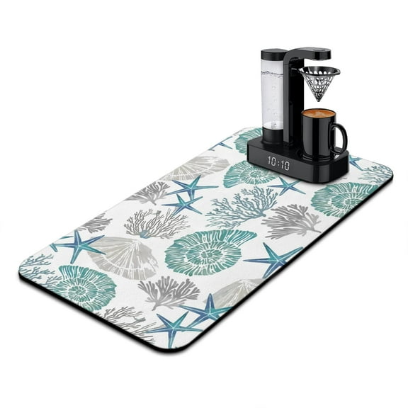 Ocean Creatures Coffee Bar Mat Fish & Seahorse Print, 4-Layer Absorbent Non-Slip Mat for Coffee Stations