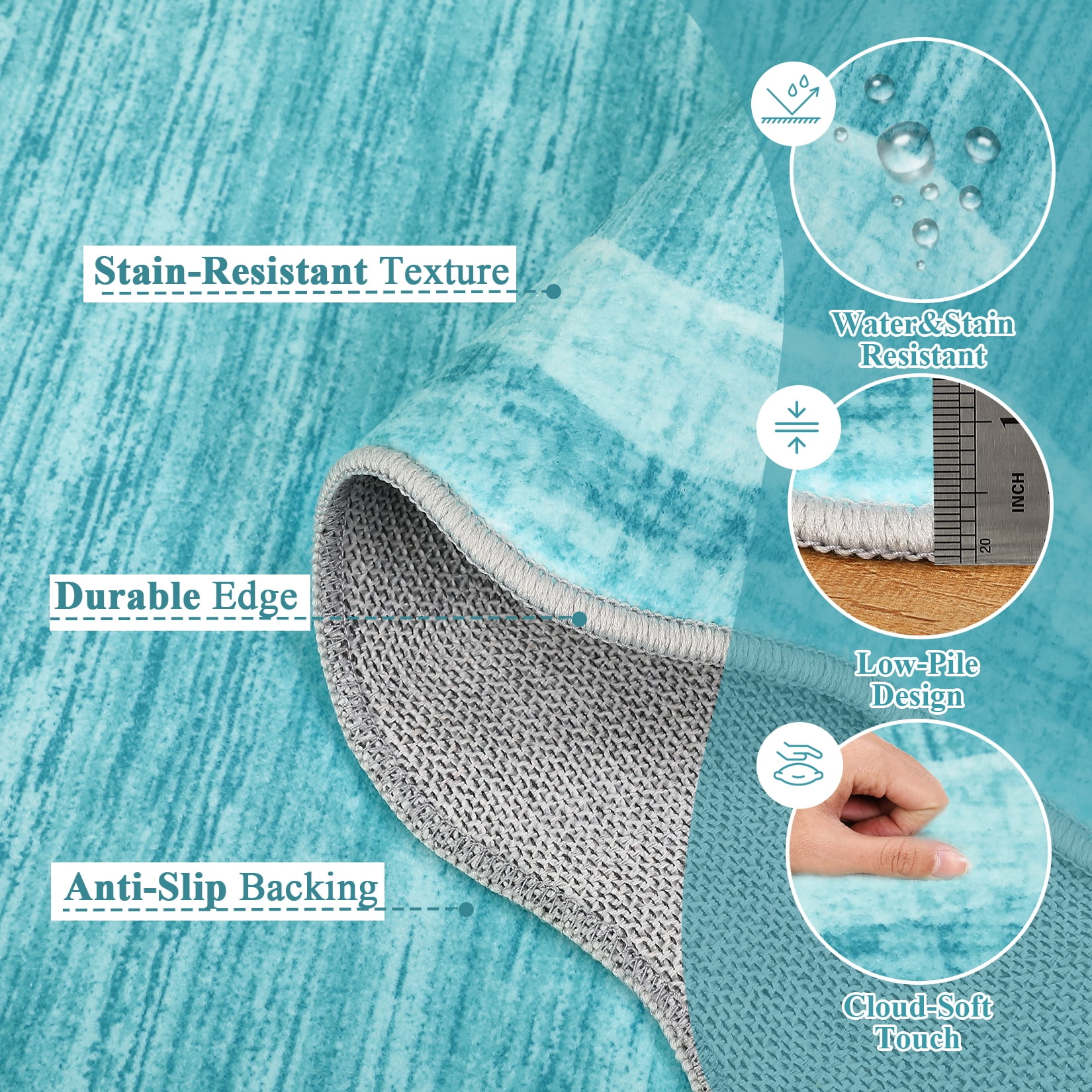 Hasoo Indoor Scalloped Area Rug for Hallway 2' x 6' Washable Modern Runner Mat with Non-Slip Backing, Teal