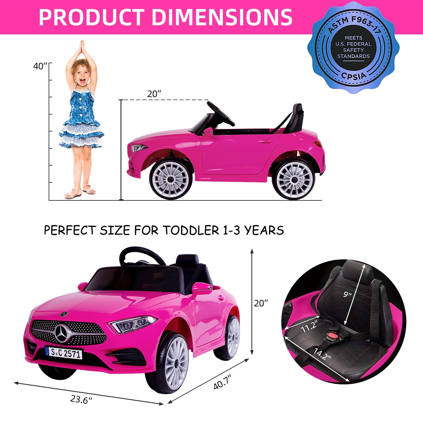 Bopilon Kids Electric Ride on Car with Remote Control, 12V Licensed Mercedes Benz Kids Car Battery Powered Electric Vehicles Toy Car, Adjustable Speed, Safety Belt, Music&LED Light(Pink)