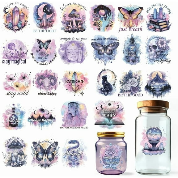 10 Sheets Magic UV DTF Cup Wraps 10 Styles Dreamy Watercolor Decals Cartoon Rub on Decals Waterproof Transfer Stickers for Glass Cups Wood Crafts