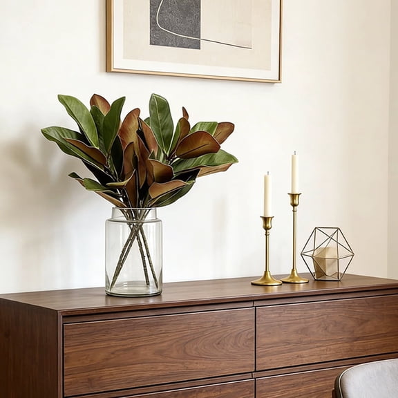 2Pcs Artificial Magnolia Leaf 22inch Wedding Decor, Spring Indoor Home Decor, Decor Fake Leaves, Faux Green Magnolia Leaves For Year Round And Holiday Greenery Decor