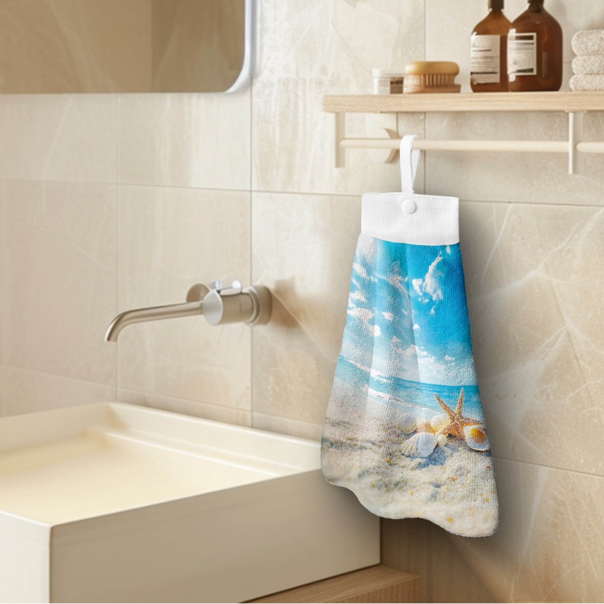 ZIATUBLE Beach Ocean Hand Towels with Loop Starfish Towels for Kitchen Drying Set 2 Piece Breathable Bathroom Hand Bath Towel with Snap Button Dish Towels for Kitchen Decorative Hand Tie Towel