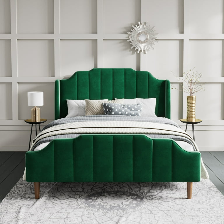 Sha Cerlin Queen Platform Bed Frame, Green, Upholstered Wingback