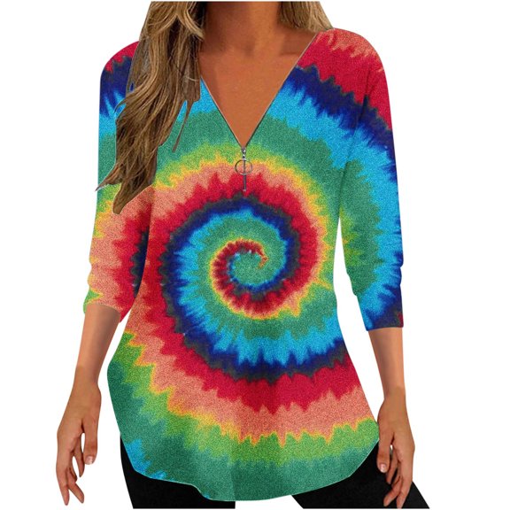 Penkiiy Women's Casual Tie-Dye Print Half Zipper T-Shirt Graphic Outdoor Daily Vacation 3/4 Sleeve V-Neck Tunic Tops L Multicolor