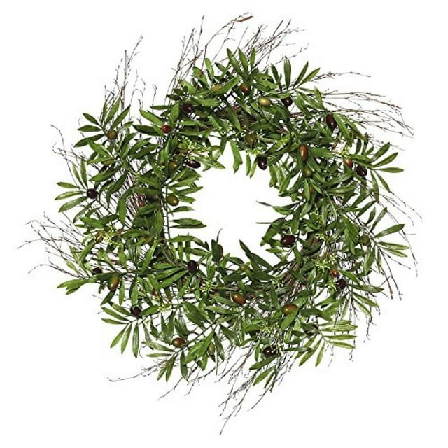 Vickerman 24" Artificial Green Olive Leaf Wreath Featuring 42 Branches with Flowers