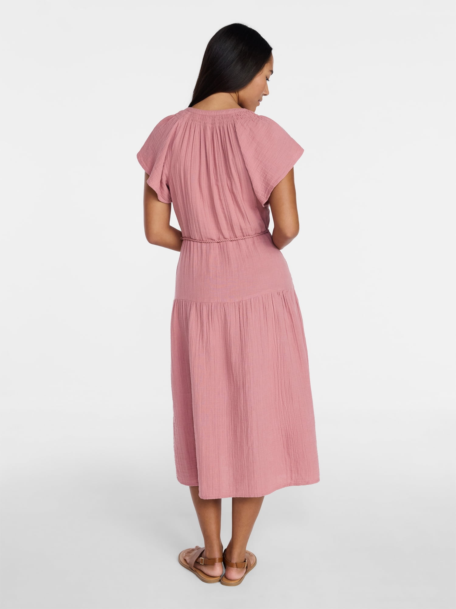 Time and Tru Women's Cotton Double Cloth Midi Dress with Short Flutter Sleeves, Sizes XS-XXXL