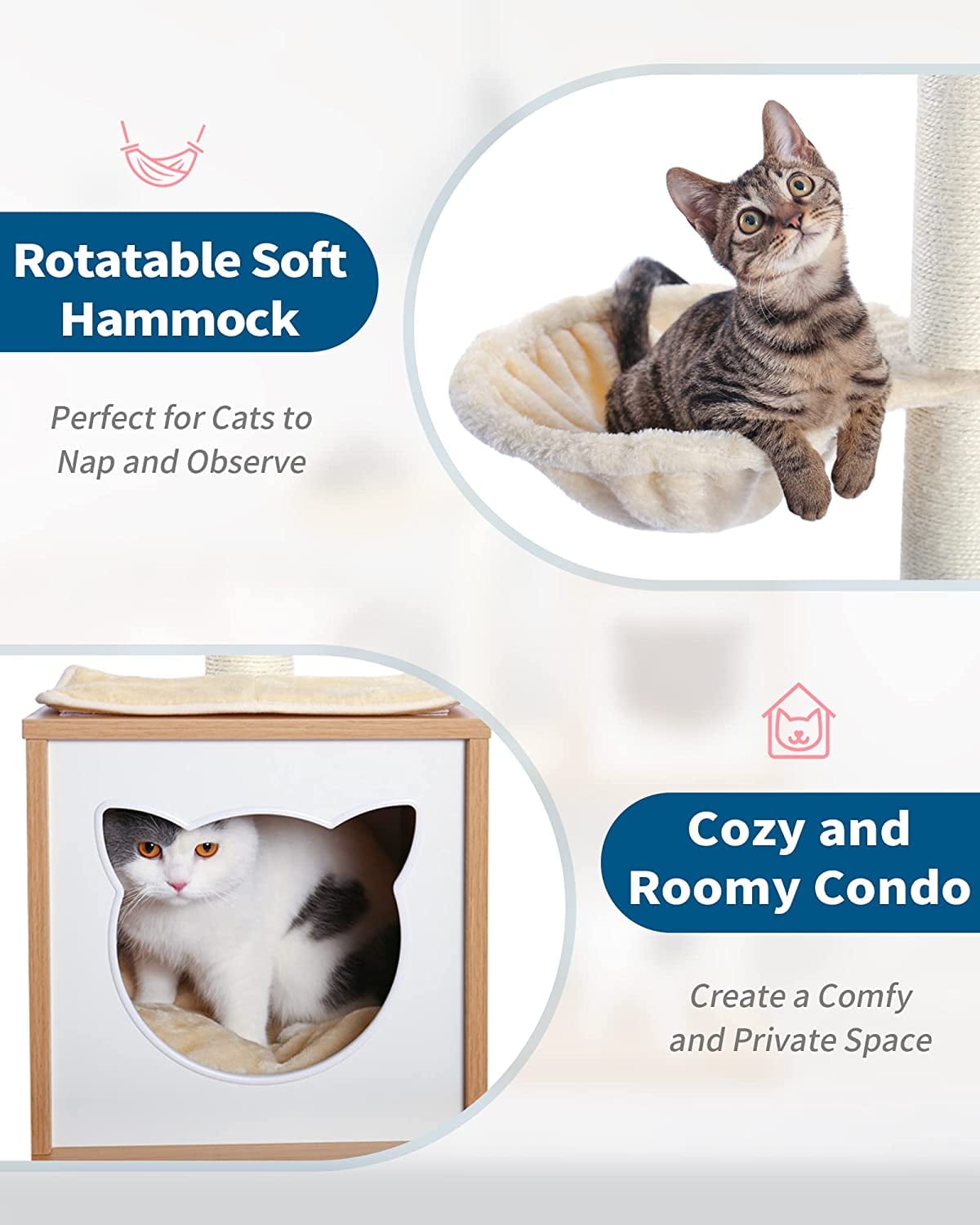 65" Tall Wood Condo Cat Tree Tower with Hammock, Scratching Post and Removable Pads