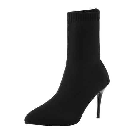 

Black Boots for Women Ankle Boots Autumn And Winter Solid Color Simple Fashion Thin Heel Pointed Toe Stretch Knit Slip On Ankle Boots for Women Mesh Black