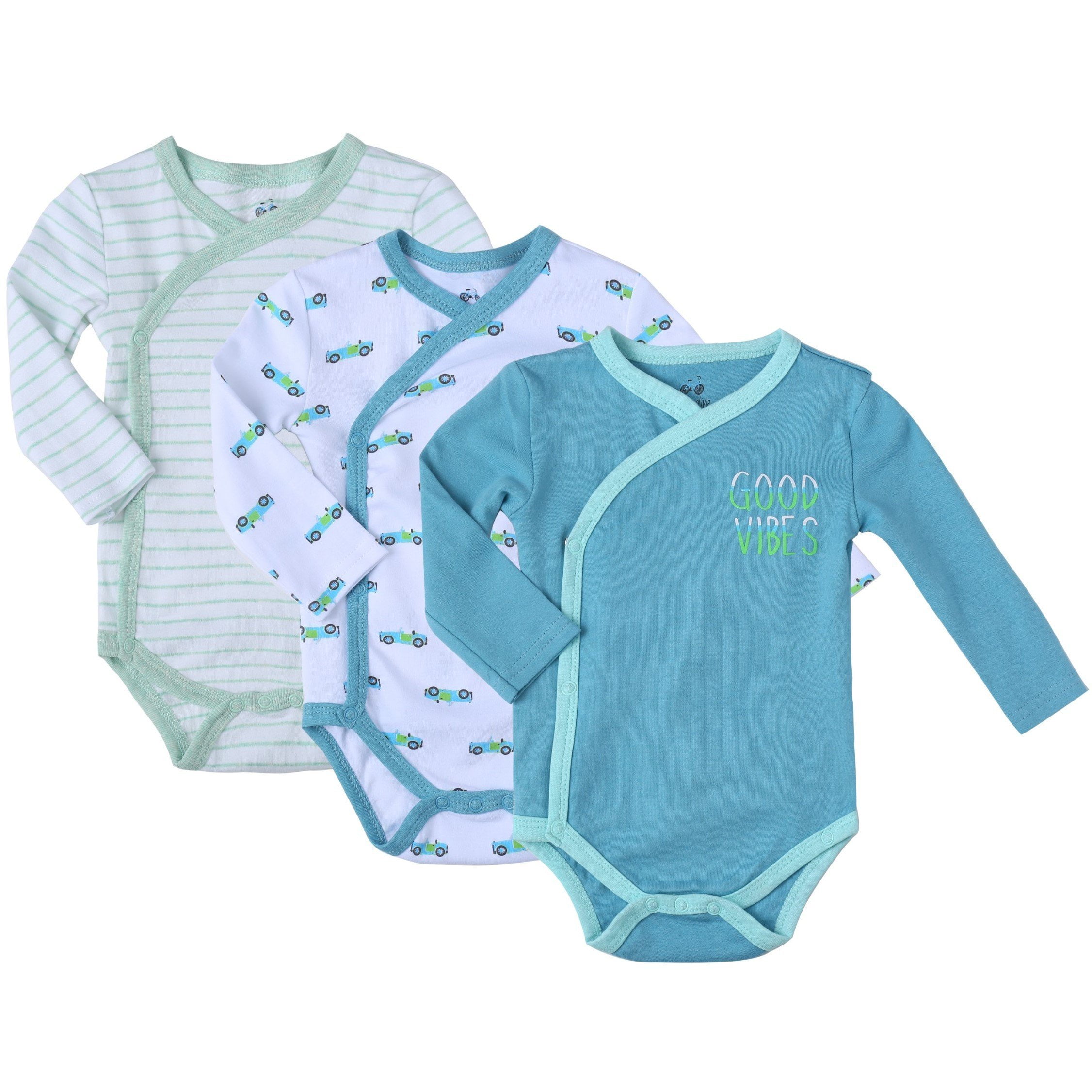 Asher & Olivia Baby Kimono Side Snap Onesies 3 Pc Boy Long Sleeve Bodysuit Set