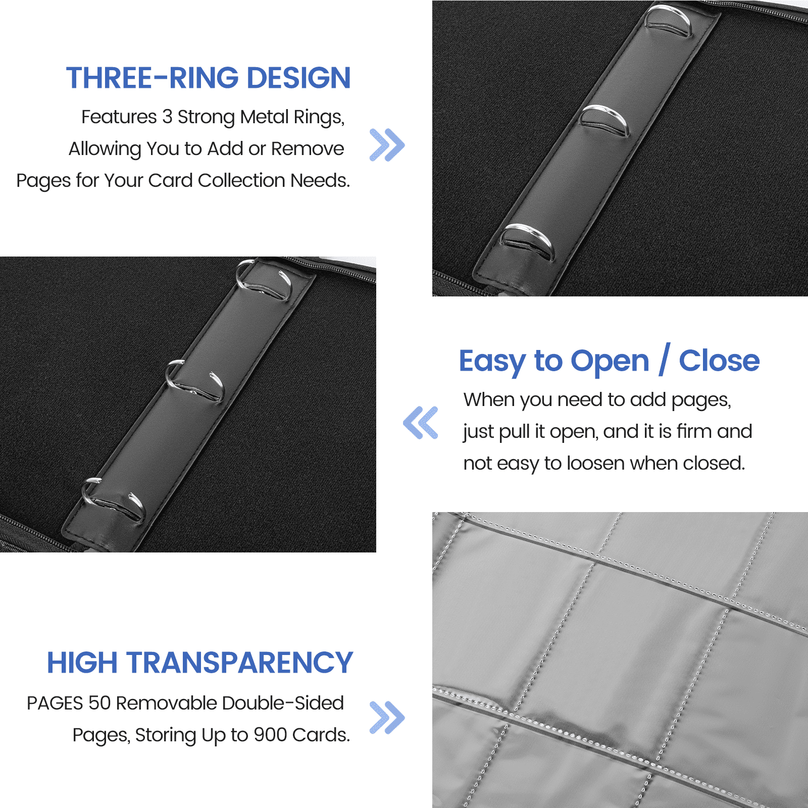 900 Pockets Collectible Trading Card Binder, 50 Double-Sided Pages with 9 Pockets Design, Featuring Zipper Closure and Sturdy Pu Leather Cover for Trading Cards, Tcg, and Game Cards