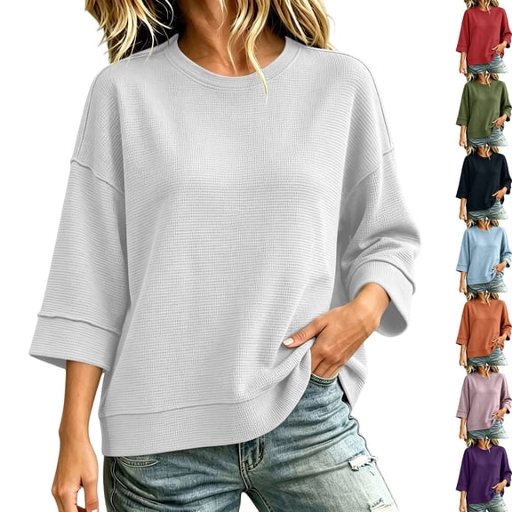 Hilenly 3/4 Sleeve Waffle Knit Tops for Women Drop Shoulder Crewneck Sweatshirt Loose Fit Tunic Shirts