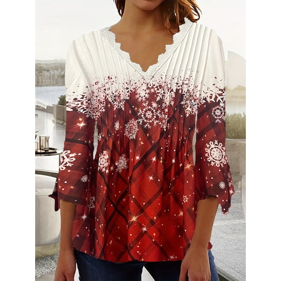 Nyfairy Women's Snowflake Plaid Print V Neck Casual Blouse